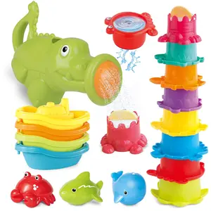 16pcs Kids Outdoor Pool Beach Bathroom Toys, Water Table Set, Cartoon Shower Stackable Cups, Spray Bath Toy, Suitable for Boys Girls 3-6 Years