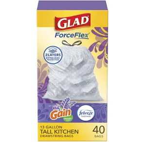 Glad ForceFlex Tall Kitchen Trash Bags, 13 Gallon, Gain Lavender, 40 Count (Package May Vary)