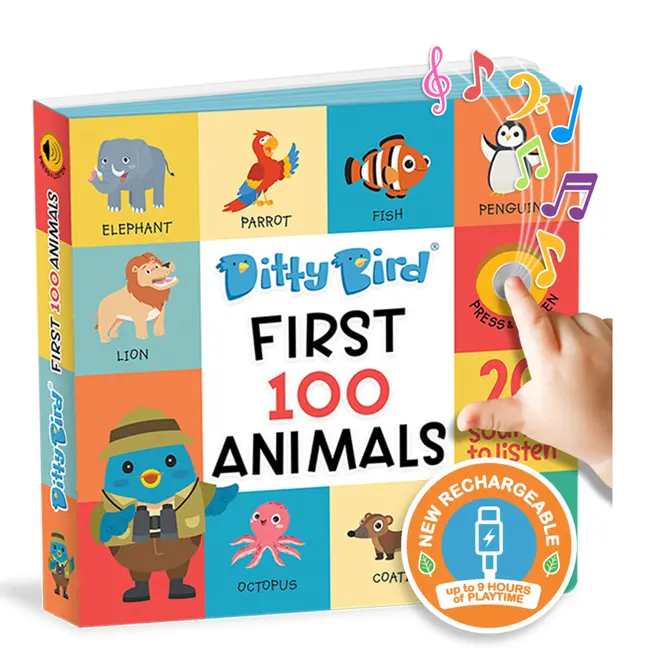 Ditty Bird First 100 Animals Interactive Sound Book for Toddlers 1- 3 Speech Therapy Learning Books for 1 Year Old (Board Book)