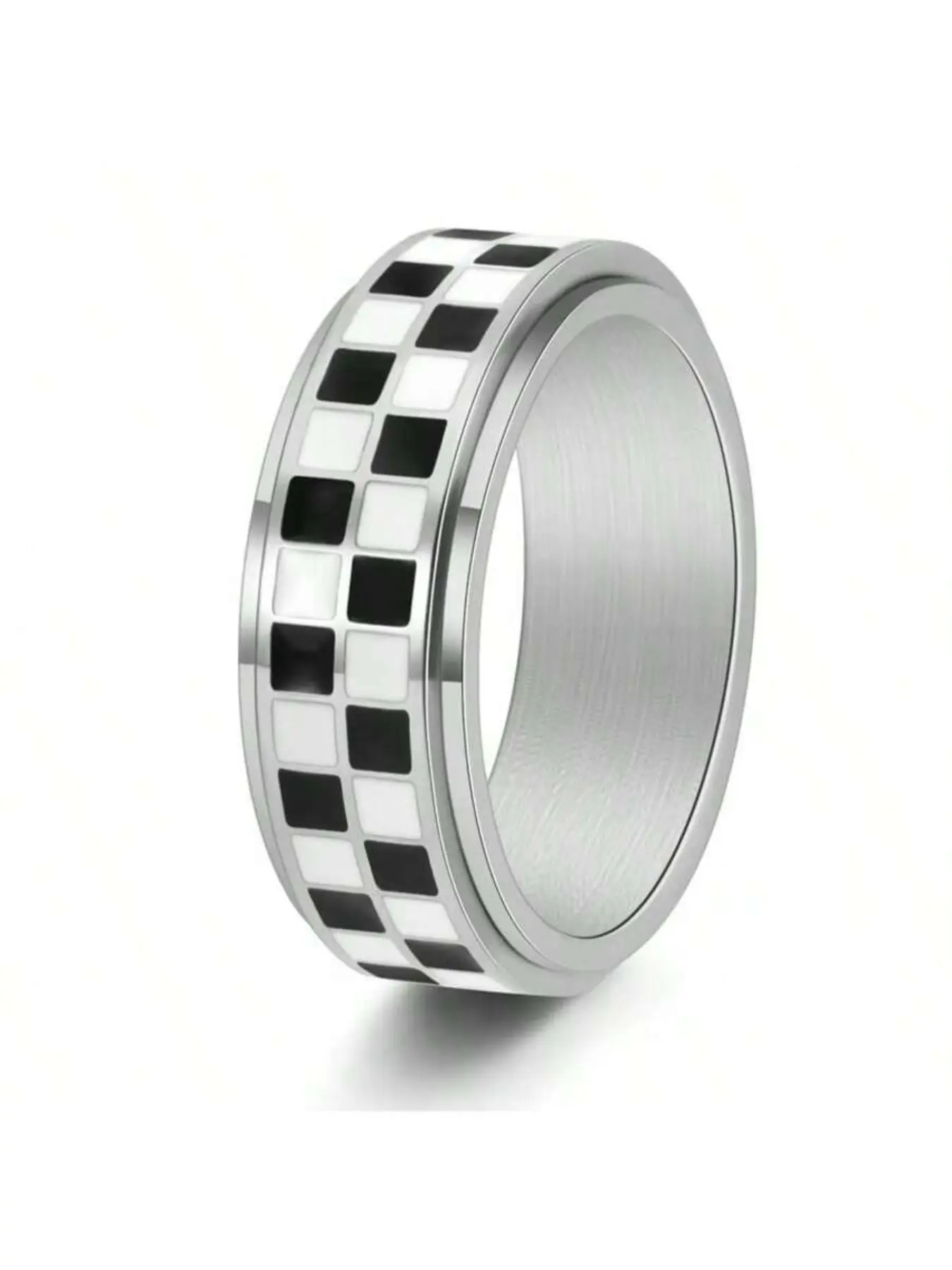 Checkered Pattern Fidget Ring for Adults, Unisex Appeal, Plated Stainless Steel, Casual Style, All Seasons, Stress Relief Jewelry, Fashion Rings