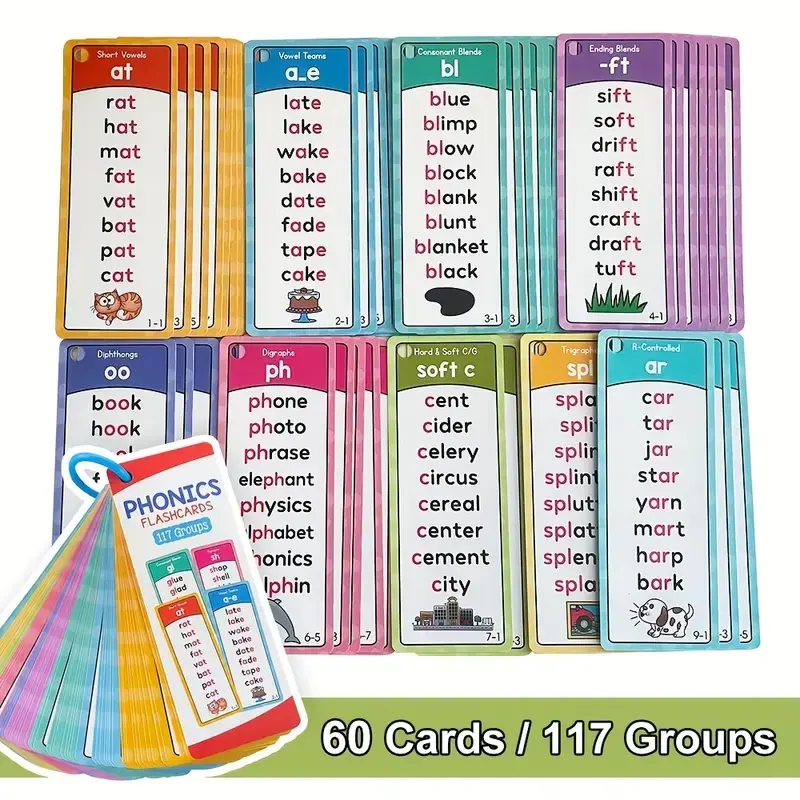 English Natural Phonics Learning Cards for Kids, Portable Memory Flashcards, Reading Rules Teaching Aids, Educational Tools, Vowel Spelling Flashcards