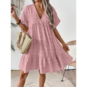 Swiss Dot V-Neck Ruffle Mini Dress for Women - Short Sleeve Babydoll Tiered Casual Sundress | Summer Brunch, Beach Vacation, Resort Wear, Picnic & Daily Casual