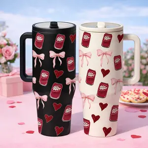 AuraCup 1pc 40oz Insulated Tumbler with Handle and Lid, Large Stainless Steel Travel Mug with Straw, Coffee Thermos, Bow and Heart Pattern Design, Double Wall Vacuum Coffee Cup Keeps Drinks Cold 12 Hours Hot 6 Hours, Valentine Gift for Her