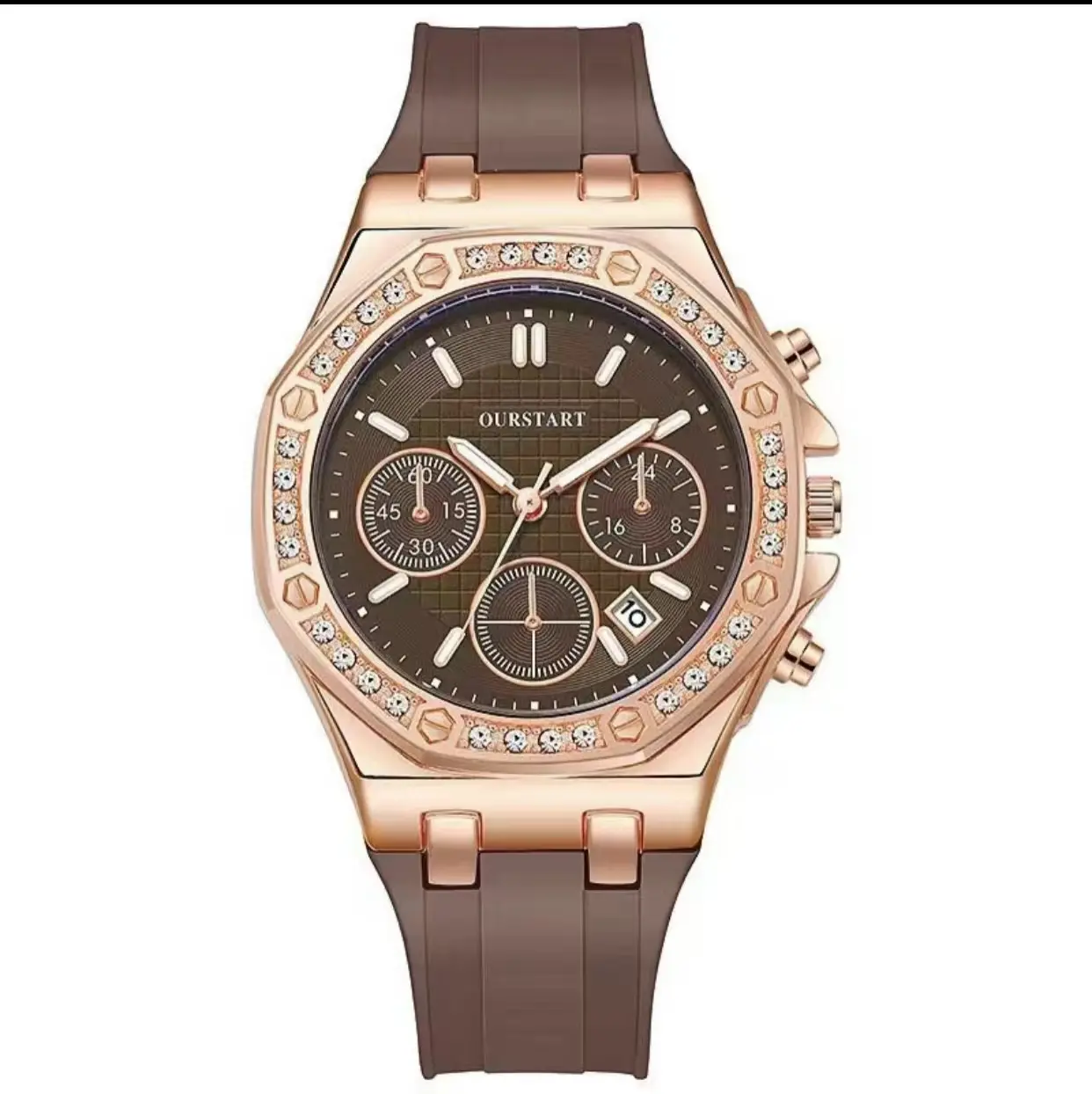 A black bezel paired with three small bezels, a gold diamond case, and a rubber strap, making it a mechanical chronograph watch