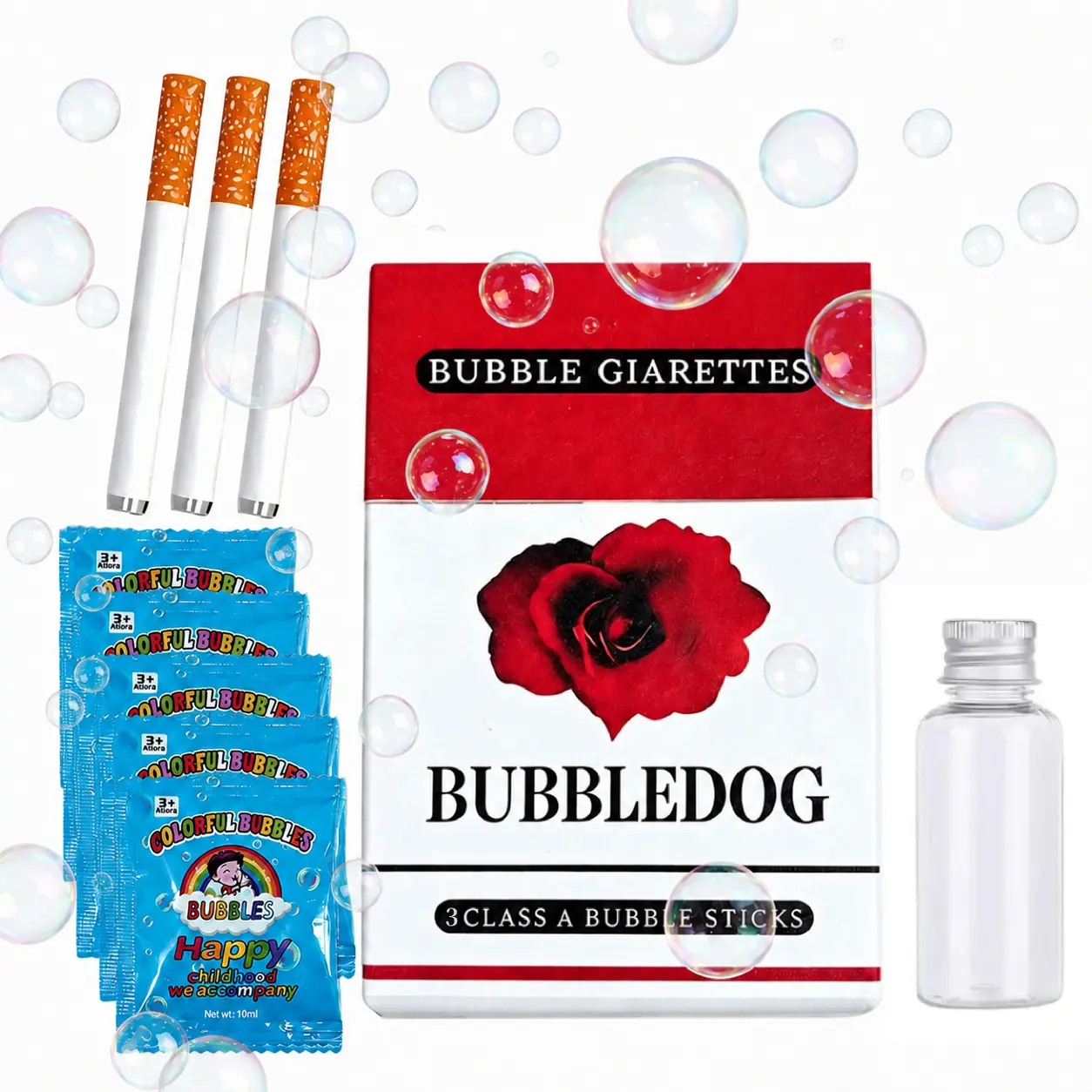 New Upgraded Bubble Blower Stress Relief Set - Bubble Pack Set with 3 Blowing Sticks, Refillable Bubble Solution Bottle & 5 Refills Sachets - Fun Party Gift for Adults