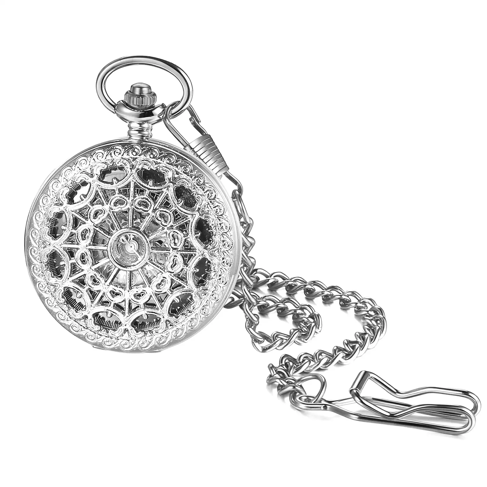 OIDEA Vintage Alloy Automatic Mechanical Pocket Watch, Elegant Skeleton Spider Web Case, Skeleton Dial with Roman Numerals, Self-Winding Analog Fob Watch with 14.96in Waist Chain for Men summerwins,summerwins