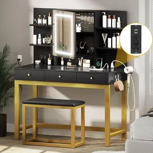 DWVO Makeup Vanity Desk Set with Mirror and Lights & Charging Station & Makeup Stool, 3 Drawers Vanity Table with 3 Hidden Storage Shelves for Bedroom (Black & Gold), 39“ W