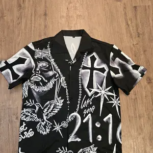 Men'S Casual Polyester Button-Down Shirt, Abstract Print with Crosses and Faces, Lapel Collar, Slight Stretch Fabric, Regular Fit, with Woven Summer Shirt Menswear Top