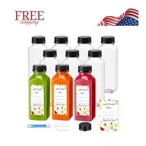 Juice Bottles with Caps 10Pcs 12oz, Plastic, Clear Reusable With 10Pcs Labels & Bottle Brush