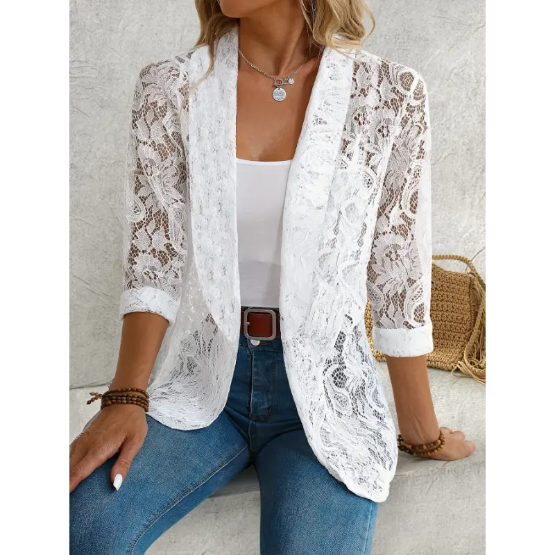 Floral Lace Blazer - Open Front Long Sleeve Jacket, Women's Elegant Spring Fall Blazer for Dressy Occasions