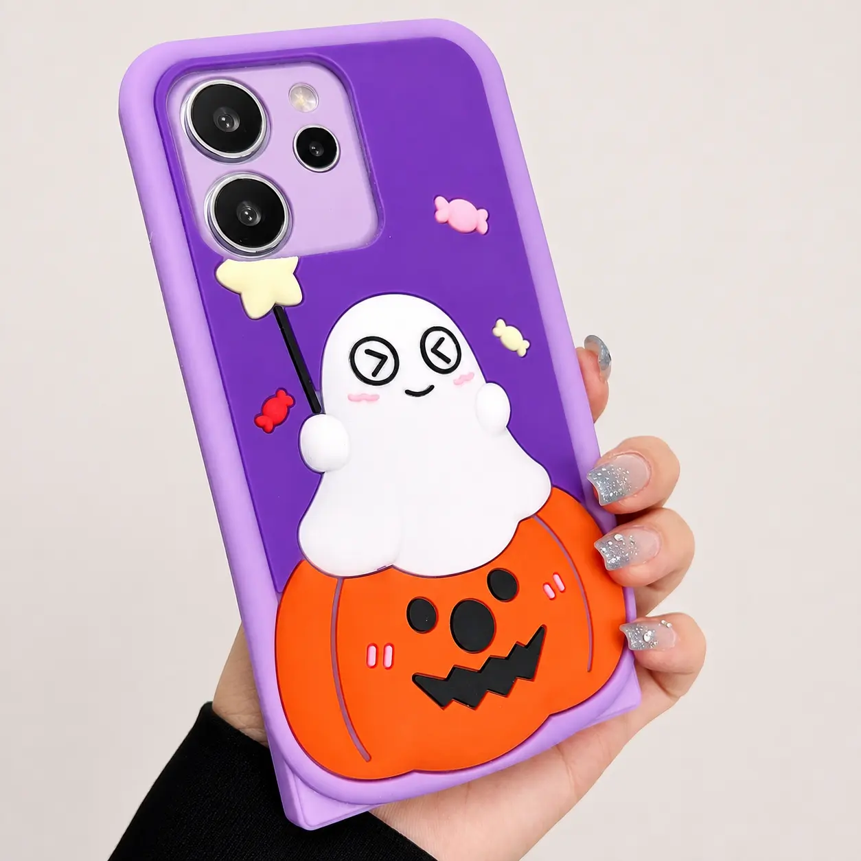 Cute 3D Halloween Ghost Pumpkin Phone Case for iPhone 17 16 15 14 13 Po Max for Samsung Galaxy S26 S25 S24 S23 Ultra Plus, Purple Cartoon Spooky Phone Cover with Bat, Witch Hat & Candy Design, Fun Raised Character Case, Halloween Gift for Women Girls