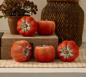 Set of 5 (3") Velvet Glitter Pumpkins by Valerie Set of 5 (3") Velvet Glitter Pumpkins by Valerie