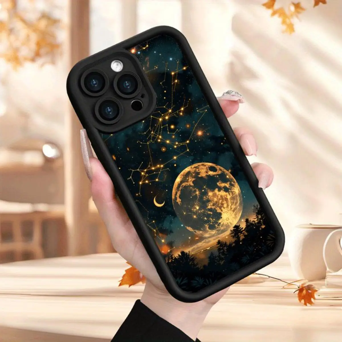Phone Case: Celestial Star Map and Lunar Glow Design Phone Case, Featuring Golden Constellations, Crescent Moons, and a Luminous Moon Over Silhouetted Forest, Ideal for iPhone 17 E Air 16 15 14 Pro Max Plus 13 12 Mini 11 X XS XR