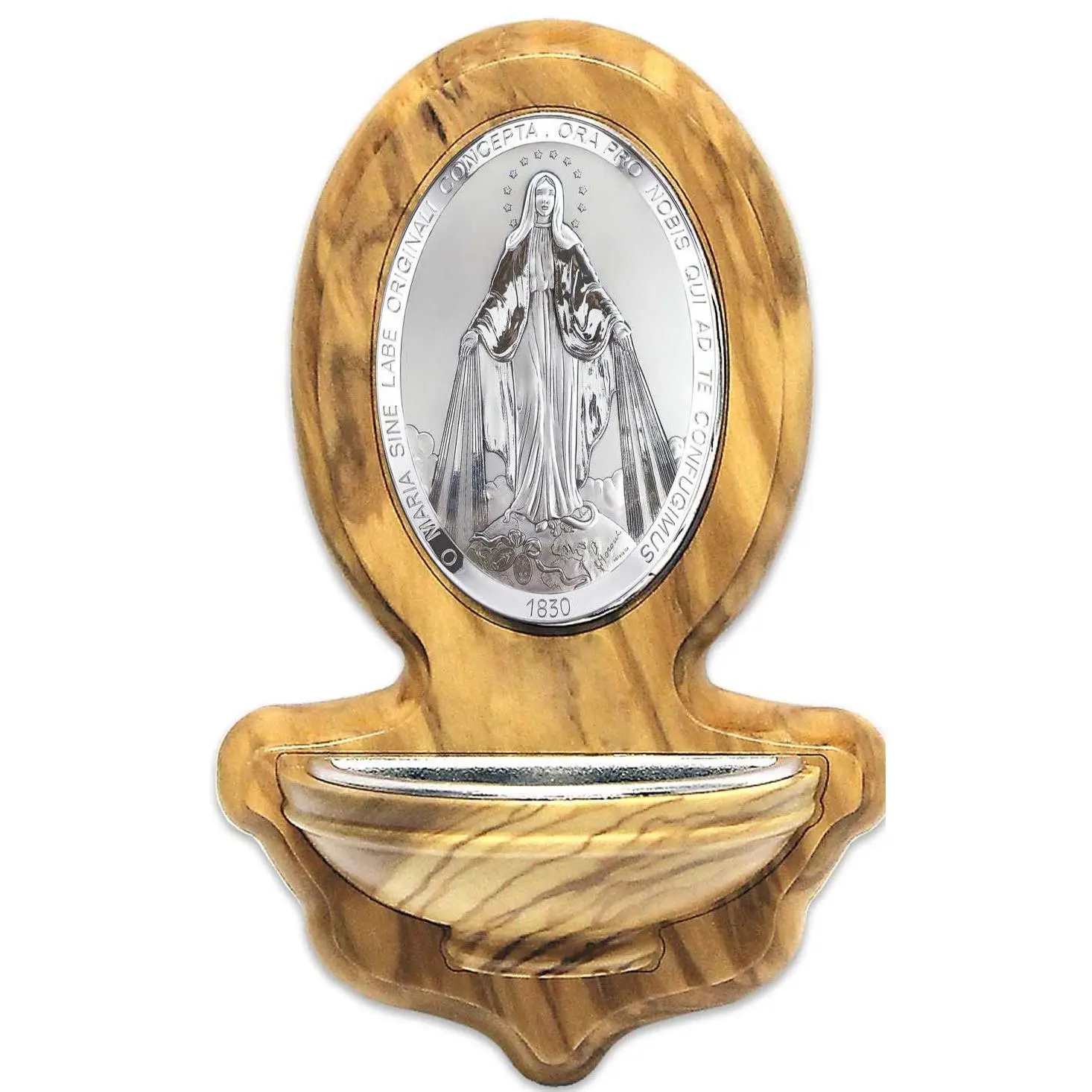 Small Olive Wood Holy Water Font with Silver Miraculous Medal