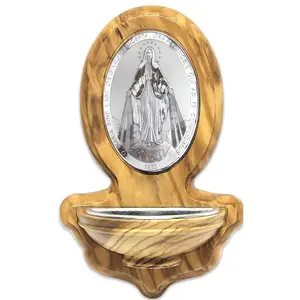 Small Olive Wood Holy Water Font with Silver Miraculous Medal
