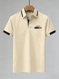 RED SPY Men's Summer Fashion Shirt - Casual Short Sleeve, Button Down, Paris Logo Print, 100% Polyester, Machine Washable, Contrast Collar, Trendy Streetwear, Lightweight & Comfy, Summer Essential Top for Men