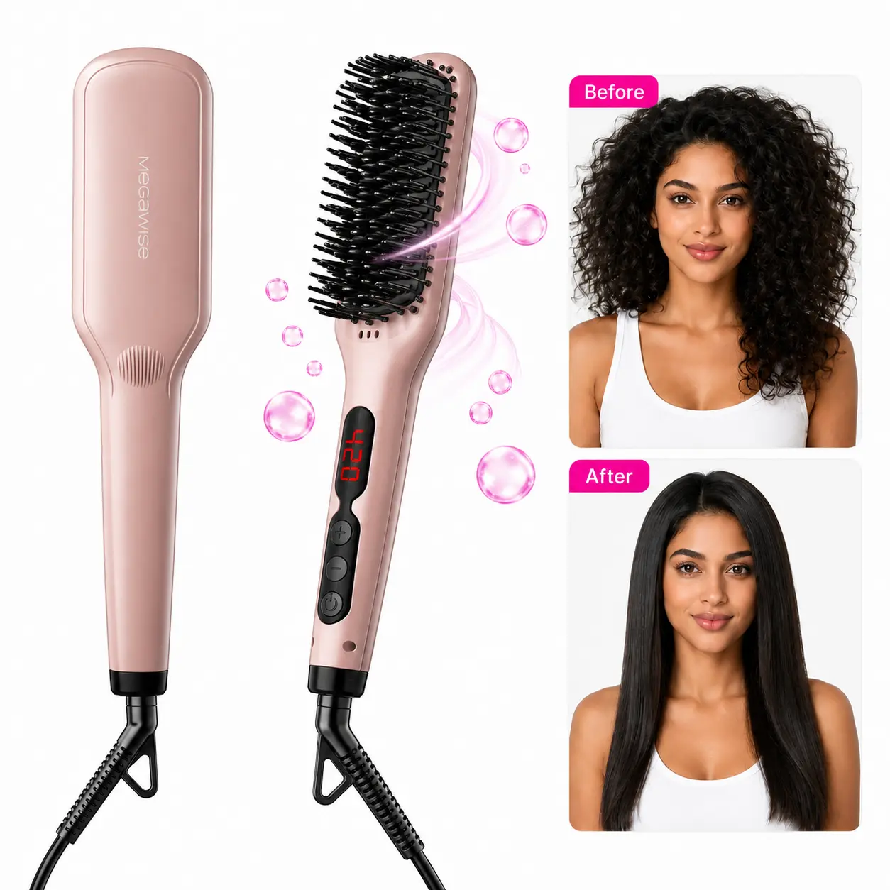 MegaWise Hair Straightener Brush KL1025-2-in-1 Ionic Hair Straightening & Detangling Brush with Adjustable Temperature, Anti-Scald Technology, and Auto Shut-Off - Ideal for All Hair Types