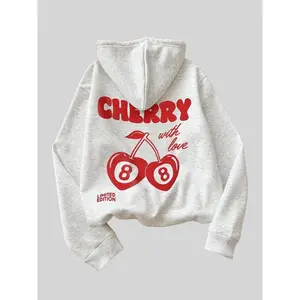 Women??s Cherry & Letter Print Hoodie ?C Trendy Drop Shoulder Long Sleeve Sweatshirt ,Loose Fit Graphic Hoodie with Drawstring & Pocket , Cute Holiday & Going Out Top ?C Limited Edition