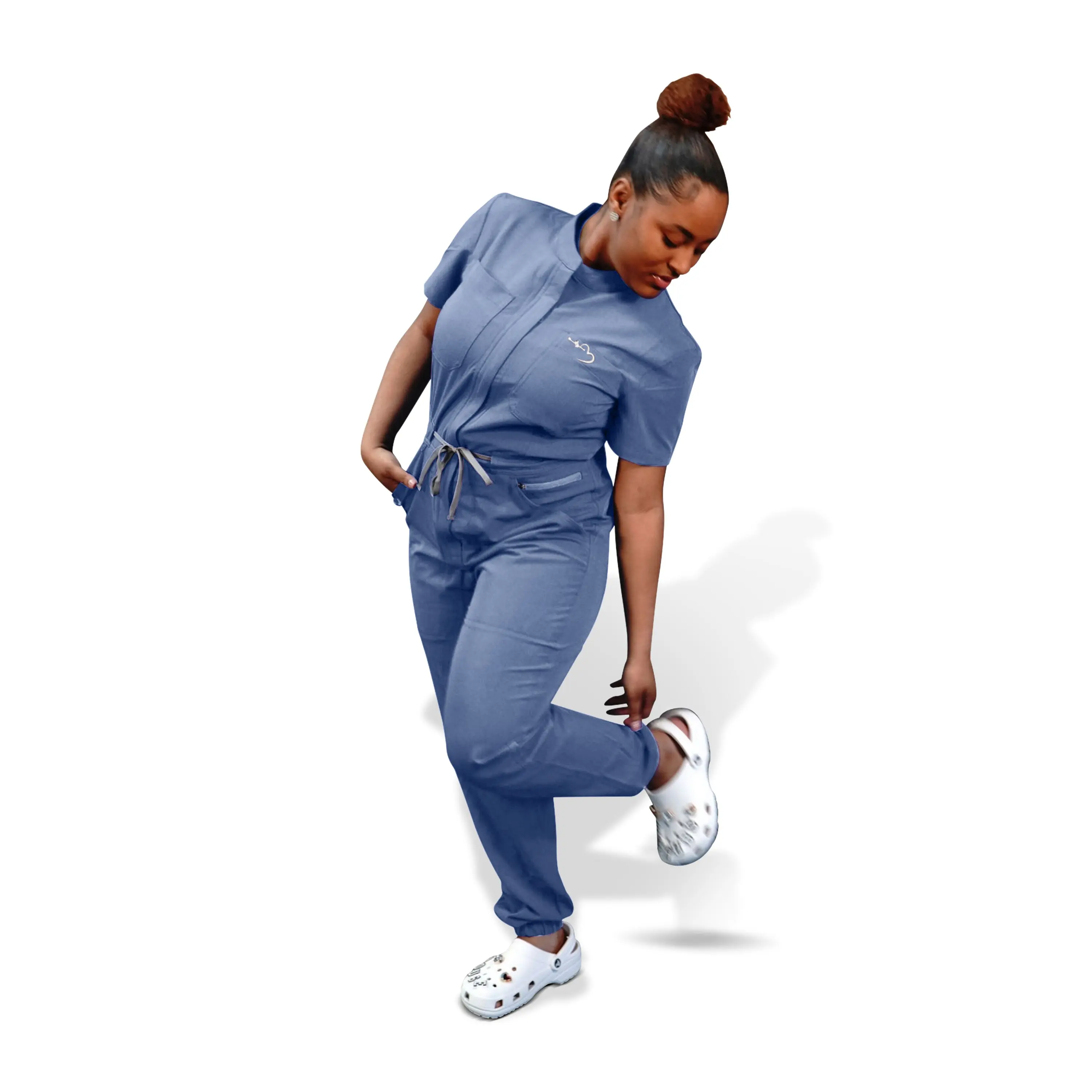 House of Scrubs Women's Blue Denim Scrubs Romper - Fitted Short Sleeve Minimalist Style All-Seasons Uniform for Healthcare Professionals