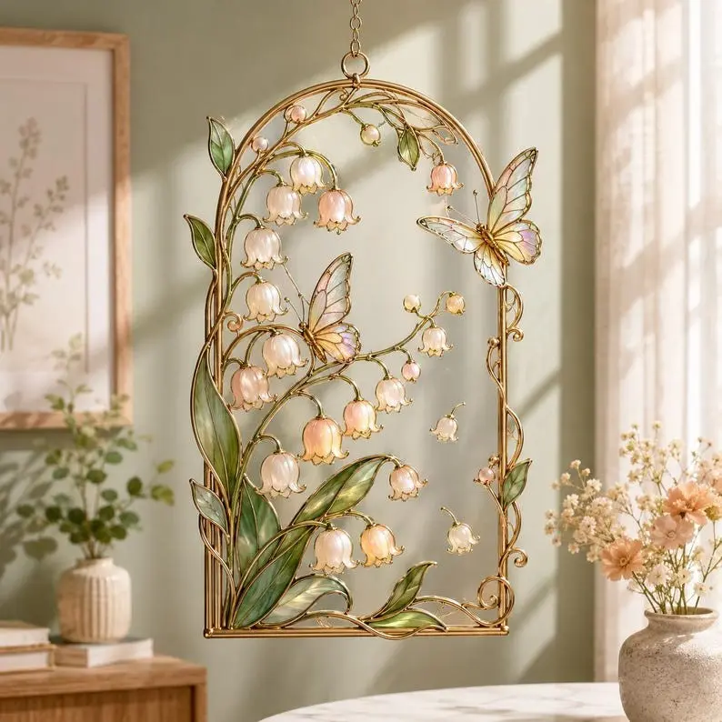 Botanical Lily Of The Valley Suncatcher, Dragonfly Window Decor, Tiffany Style Glass Hanging, Nature Lover Gift, Cottage Garden Ornament