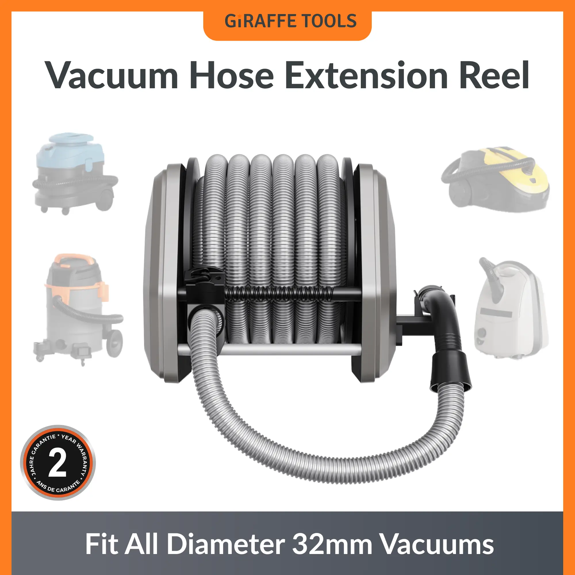 Giraffe Tools Vacuum Hose Extension Reel with 30FT Hose, 1-1/4'' Wall Mount Vacuum Hose Reel, Suitable for Diameter 32mm Wet Dry Vacuums