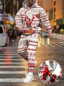 Men's Christmas Hoodie Set with Pants, Sporty Style, Long Sleeve, Regular Fit, Contrast Leather Pattern Design, Fall & Winter Wear