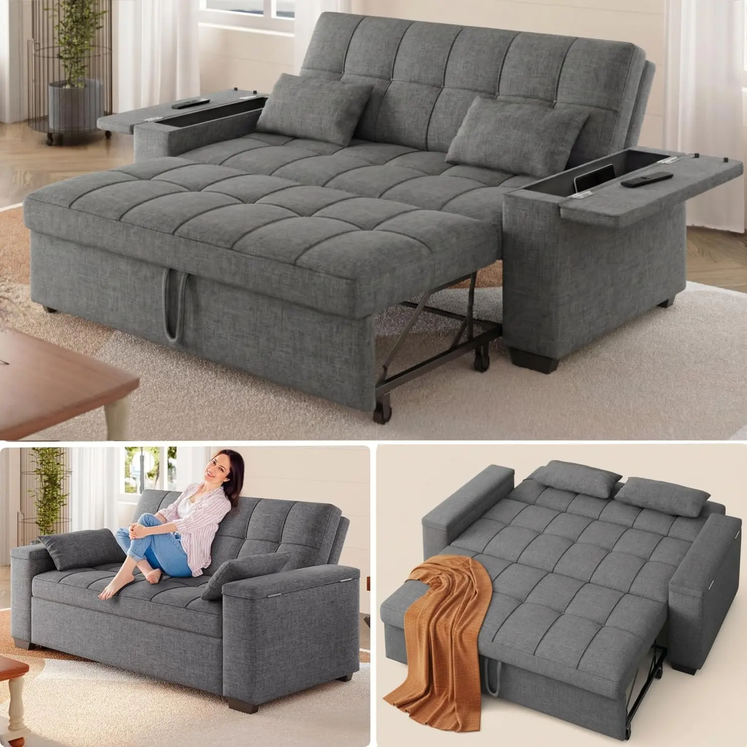 【2 Packages Shipping】Gizoon 63.6'' Sleeper Sofa 3 in 1 Sofa Bed Convertible Loveseat Small Couch | Futon Sofa Bed for Small Spaces Apartment Living Room, Storage Armrests & 5 Adjustable Backrest, Dark Grey