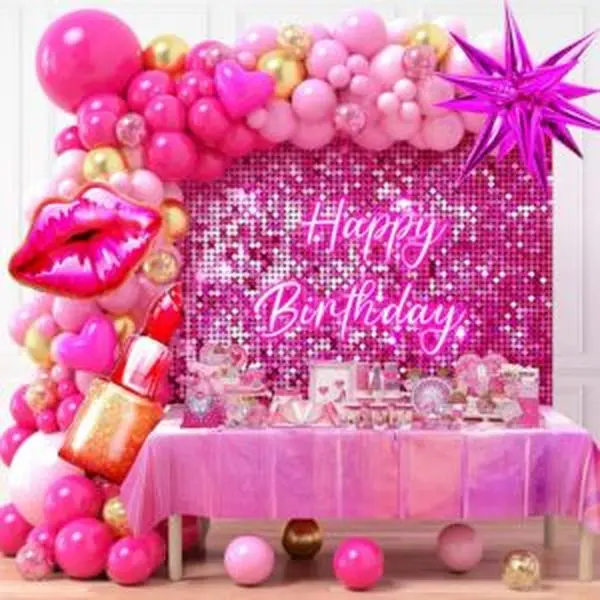 Hot Pink Princess Birthday Party Decorations Set for Female Girls - Non-Toxic Latex/Foil/Vinyl Supplies, Waterproof Vinyl Backdrop, Sequin Tablecloth, Aluminum Lipstick-Lip-Heart-Starburst Balloons, 102 Latex Balloons, Garland Arch Props, Festive Gifts