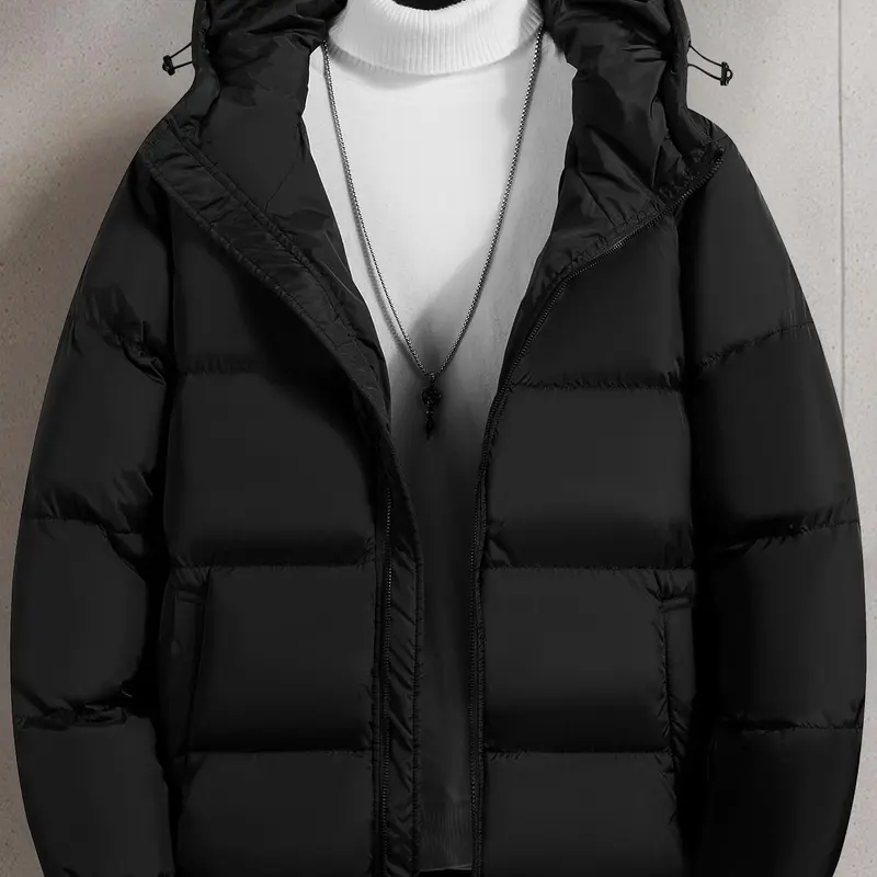 Men's Thick Warm Hooded Padded Puffer Coat - Long Sleeves, Regular Fit, Zippered Front, Plain, Casual Fashionable Jacket, Christmas Winter Menswear Outerwear with Patch Pocket (Beige, Black) - Male Clothing, Coat with Pockets