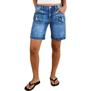 Flamingals Wash Patch Pocket Mid Rise Mid Thigh Cargo Denim Shorts Stretchy 7.5''Inseam