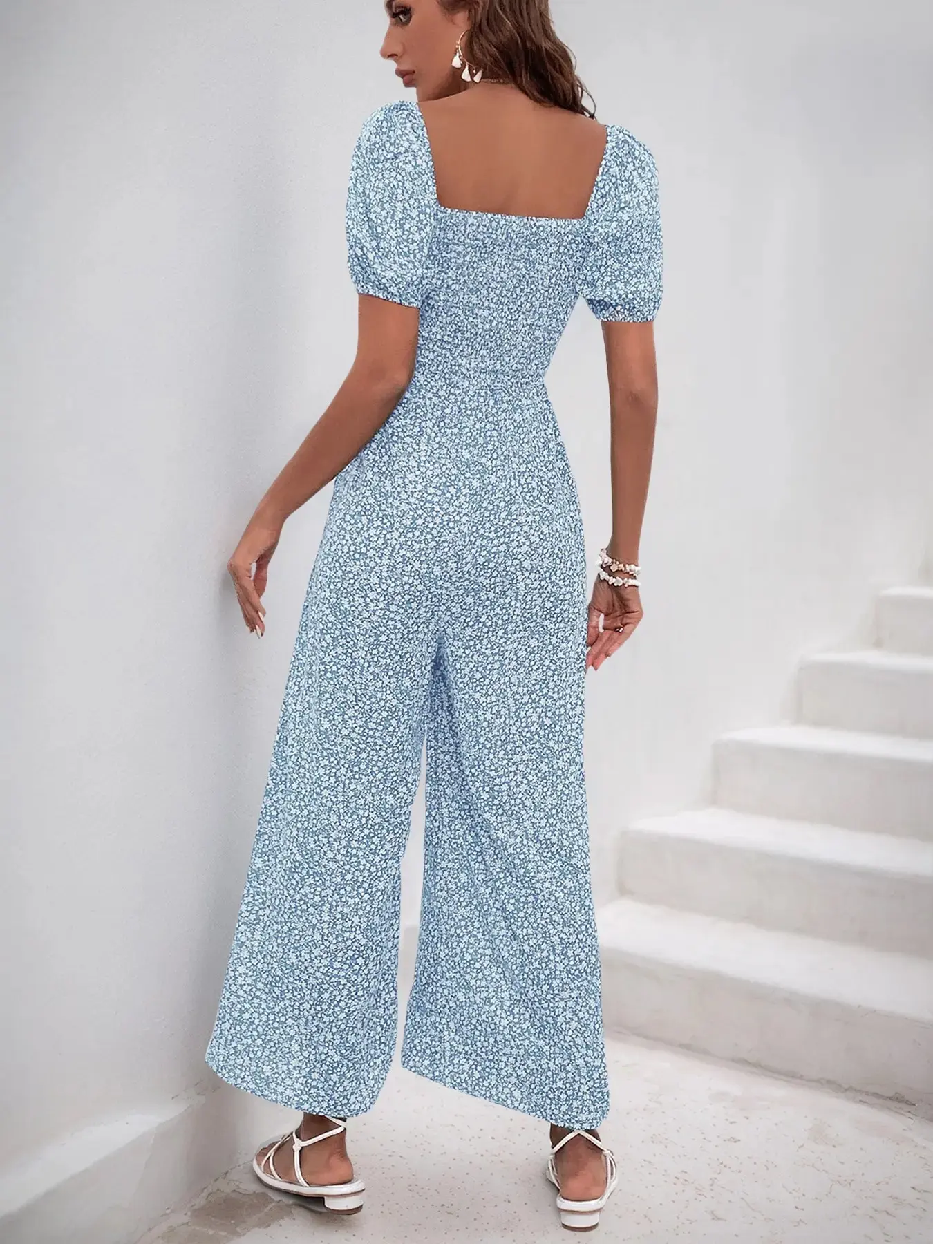 Women's Vacation Style Summer Ditsy Floral Print Overalls Jumpsuit Set, Casual Chic Loose-Fitting Wide Leg Pants, Short Sleeve Boho Bohemian for Travel, Casual Jumpsuits