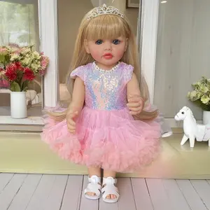 22-Inch Realistic Golden Long Hair Princess Sequin Dress Vinyl Doll, Ultra-Soft Light Beige Feel, Washable & Stand-Assisted, Perfect Easter/Ramadan/Birthday Gift Collection, Companion Doll for Kids Aged 3+