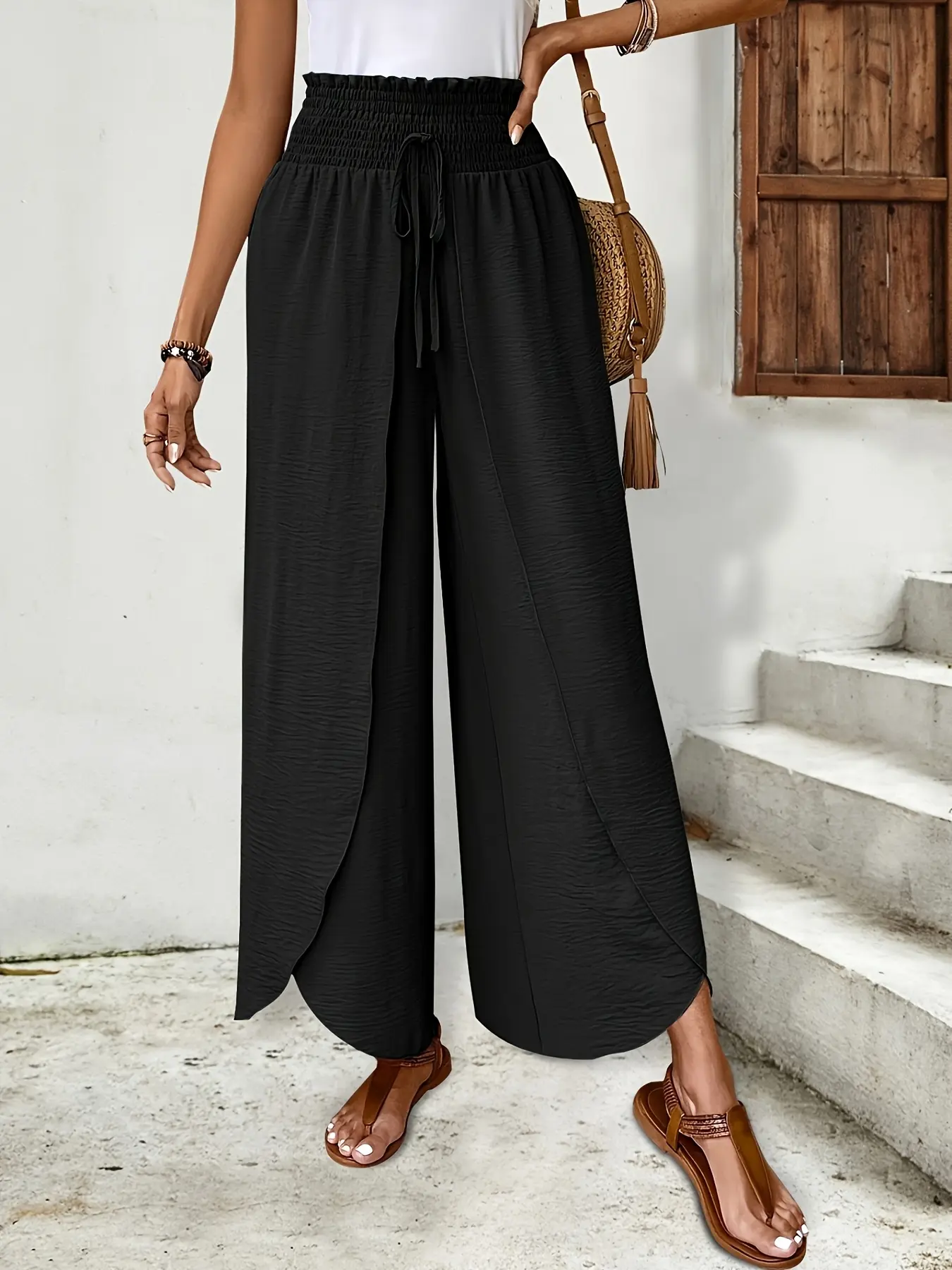 and Graceful Wide-leg Casual Pants with Overlapping Curved Hem Design