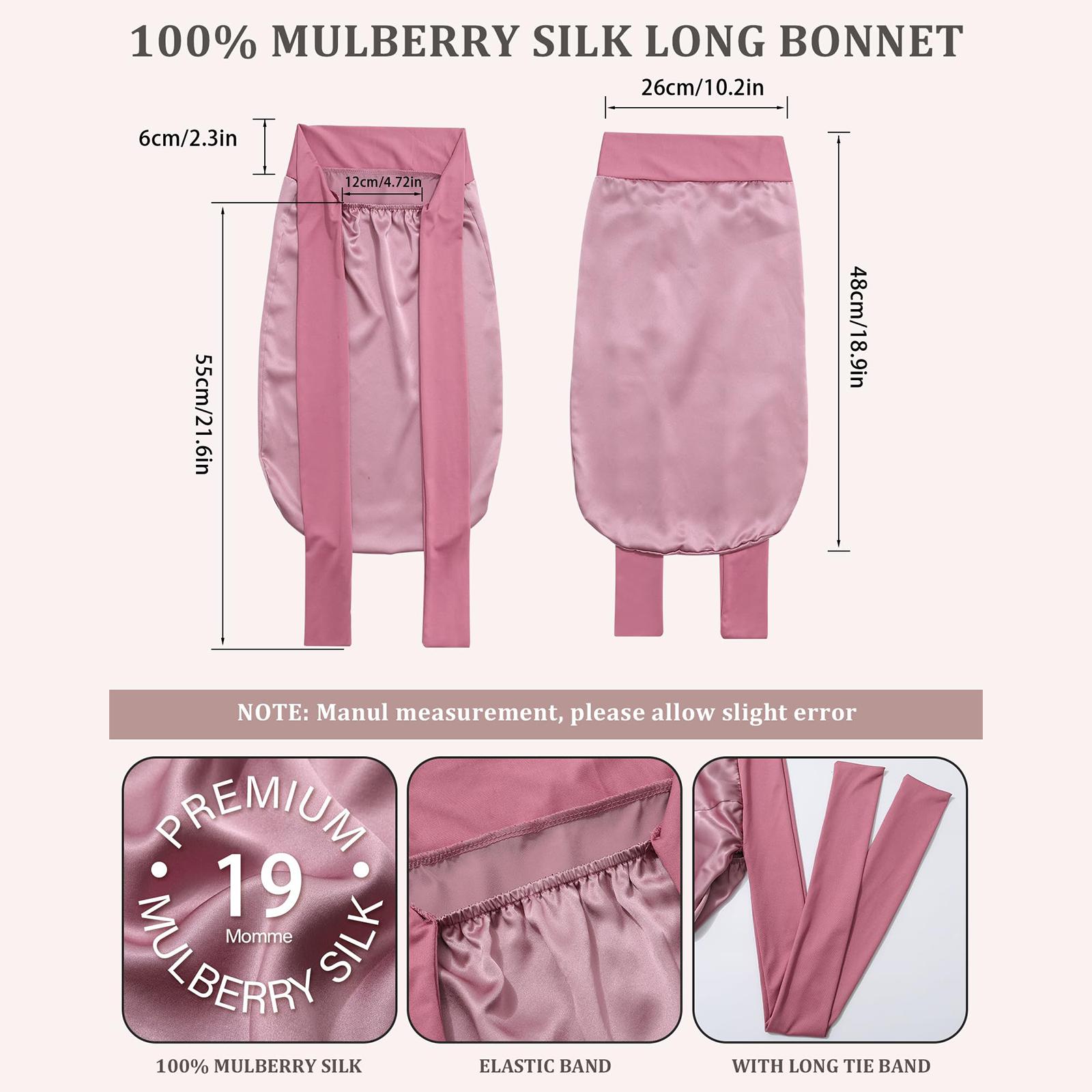 AWAYTR 100% Mulberry Silk Bonnets Long Hair Bonnets Ladies Tie Band Nightcap for Sleeping Haircare Hair Wrap for Braids Curly Hair Gifts Pink Black Headwear