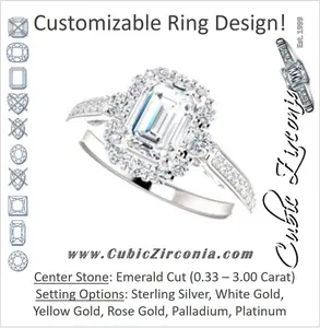 Cubic Zirconia Engagement Ring- The Oceane (Customizable Emerald Cut Design with Raised Decorative-Peekaboo Trellis, Halo and Thin Pavé Band)