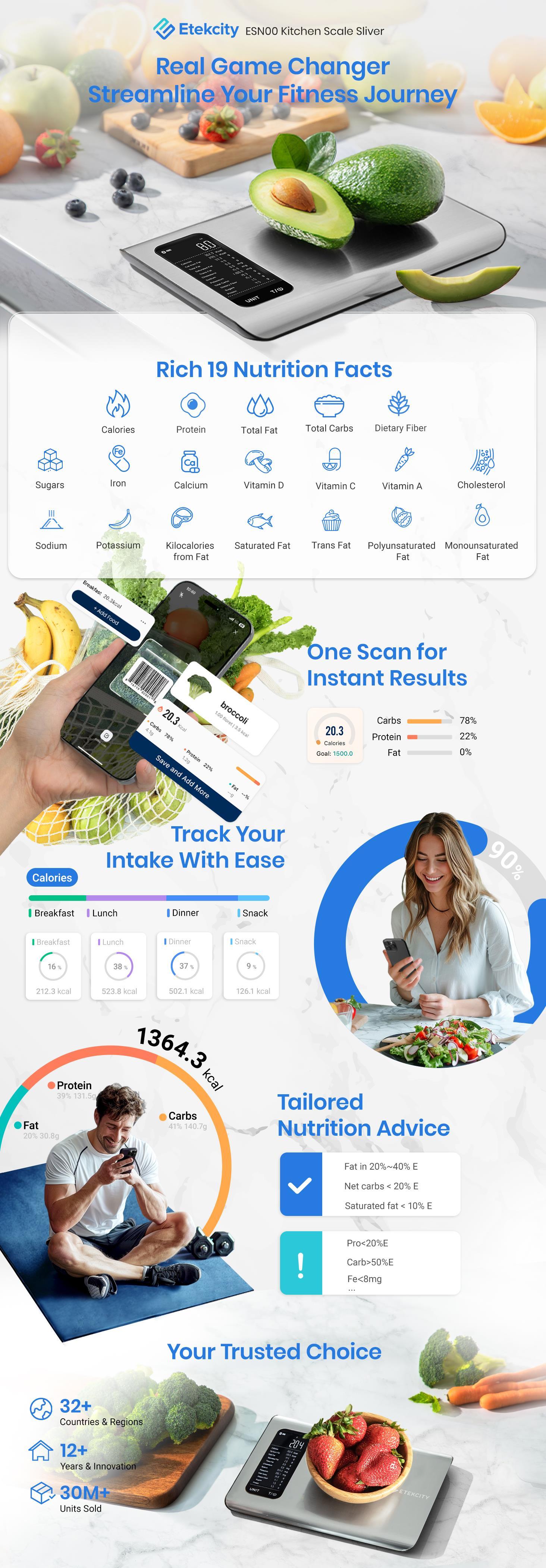 [Live Exclusive] Etekcity Food Nutrition Scale, Digital Grams and Ounces for Weight Management With App, 19 Facts Tracking, 11 Pounds-Large, Stainless Steel Healthcare BlackFriday