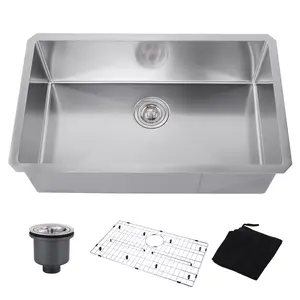 WOWOW 18-Gauge Stainless Steel Kitchen Sink, 30/32 in. Drop-In/Undermount Single Bowl with Brushed Nickel Basket Strainer
