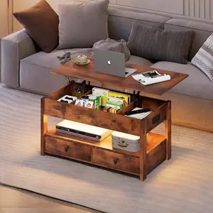 Coffee Table, Lift Top Coffee Table With 2 Drawers, LED Light, Large Hidden Compartment And Open Shelf, Lift Tabletop, Dining Table For Living Room