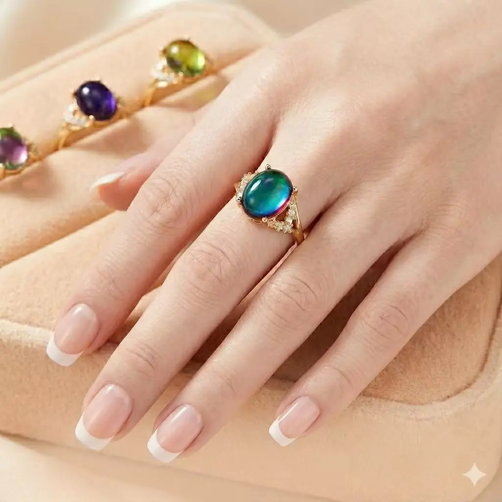Aura-Reading Magic Mood Ring with Mystical Micro-Inlaid Diamonds - Unisex Open Adjustable Divine Protection Ring - Talisman for Mindful Living