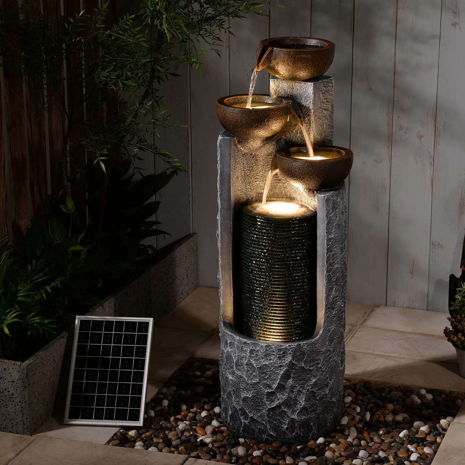 37.7" Solar Outdoor Water Fountain with LED Lights - 4-Tier Cascading Bowl Waterfall, Resin Stone Finish Garden Fountain with Solar Panel & Pump for Patio, Backyard, Lawn