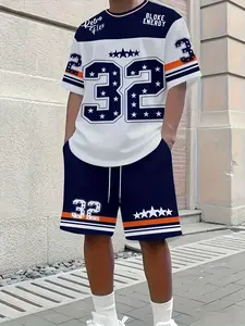 Men's Casual Set, Large Number Design, Colorblock Striped Short Sleeve T-Shirt & Drawstring Waist Shorts, Breathable Regular Fit