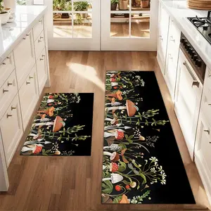 2Pcs Spring Flowers Mushroom Black Background Floor mat set including farmhouse kitchen Rug dining room flooring laundry room decorative carpet mat