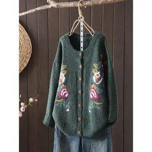 Cozy plus size floral jacquard knit cardigan-warm, stretchy crew neck sweater with button detail for women