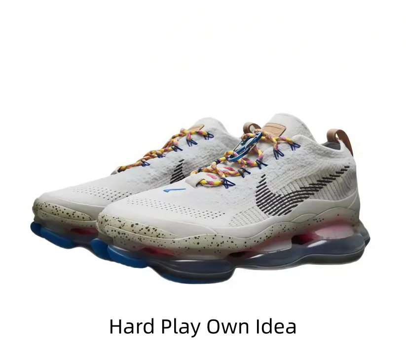 Vintage style low-top athletic shoes with multi-color braided laces. Flexible blue outsole delivers stable traction for casual outdoor street fashion looks.