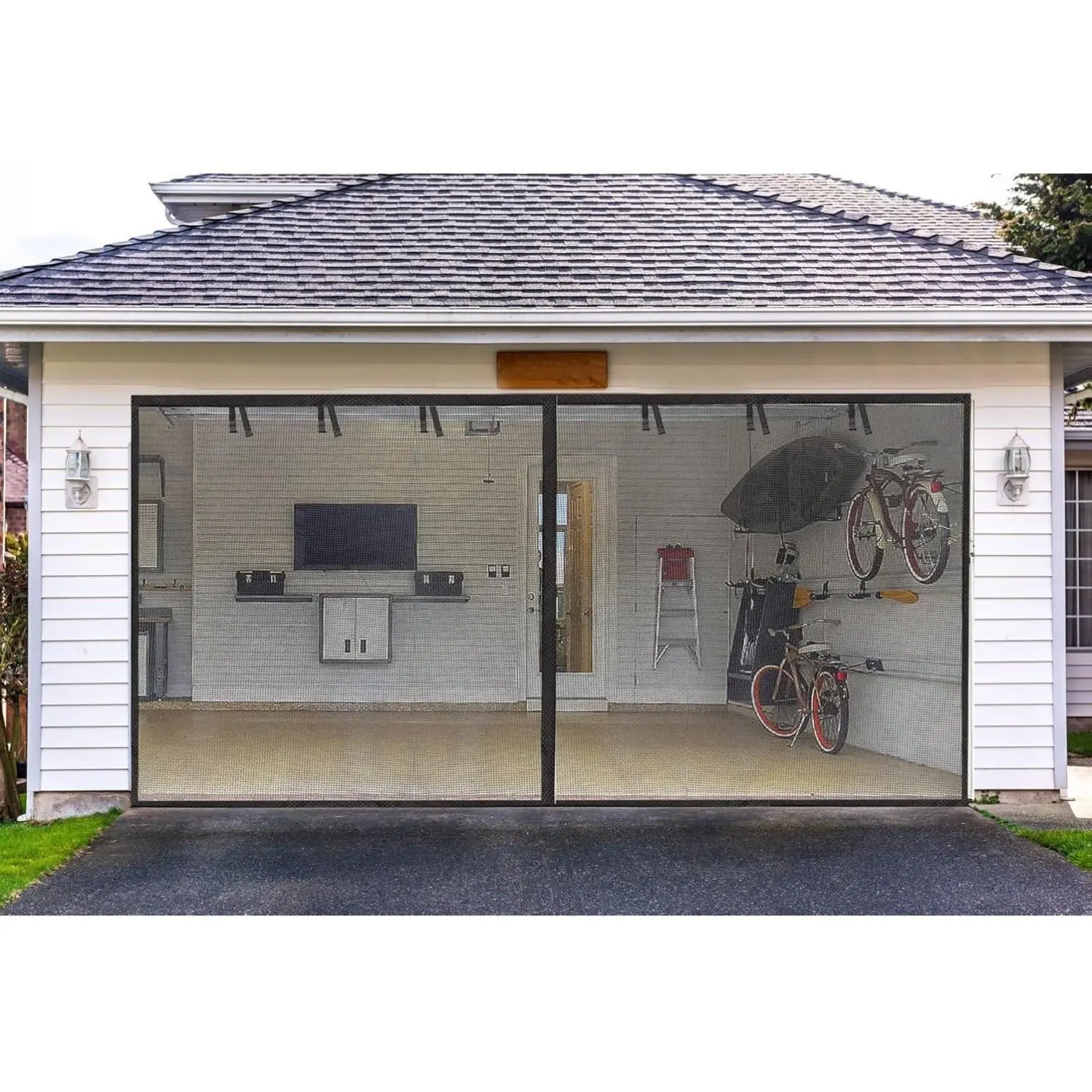 Magnetic Garage Screen Door for 2-Car Garage – 16x7FT Heavy-Duty Fiberglass (2300g/5.1lb), Hands-Free Entry with 6 Roll-Up Straps for Patio, Gym, Porch, Sunroom & Outdoor Use