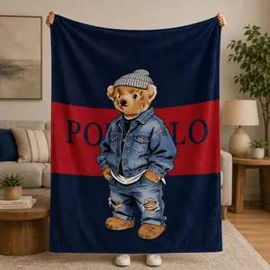 Cute Teddy Bear Flannel Blanket, Fashion Bear Denim Style Throw Blanket, Soft Cozy Fleece Blanket for Bed Sofa Couch, Trendy Cartoon Animal Blanket, Bedroom Decor Gift for Kids Teens Adults All Seasons Use