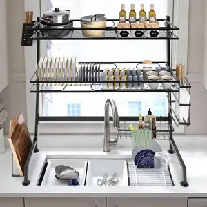 Crockery Dish Drainer Over Sink,2 Levels Draining Rack, Rustproof Drip Tray, Kitchen Organiser with Utensil Holder, Chopping Board Holder, Knife Block