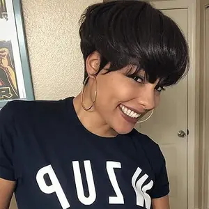 Creamily Brown Wigs for Black Women 8" Pixie Cut Wigs Synthetic Short Pixie Wigs with Bangs Wefted Wig Caps Creamily Short Wigs