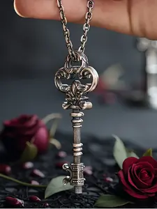 Vintage Baroque Key Pendant Necklace, Retro Faded Trendy Jewelry, Modern Versatile Accessories, 60cm Pearl Chain, Hip Hop Handmade Craft, Halloween Prop, Birthday Gift