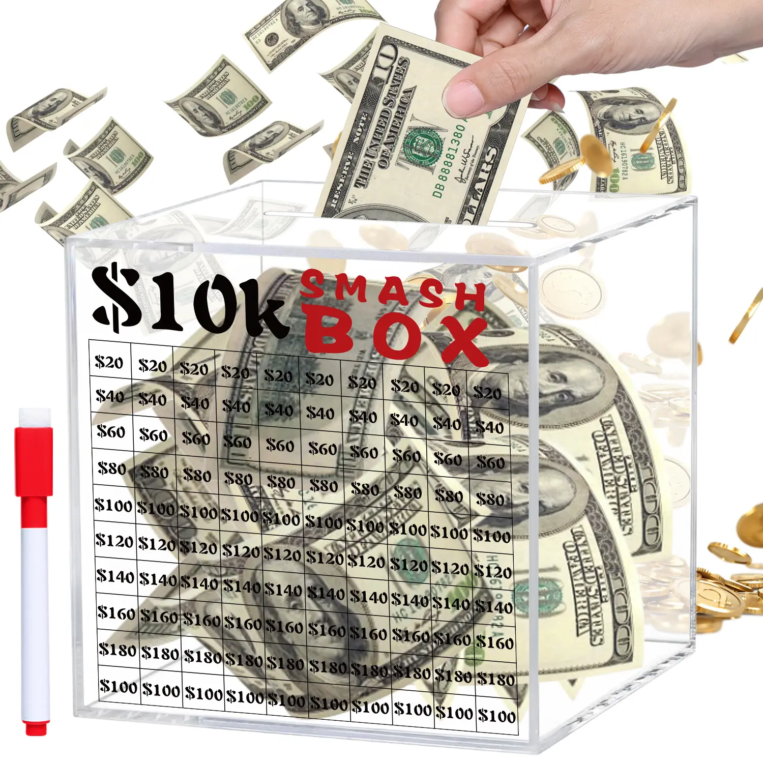 10k Smash Box for Money, Unbreakable Piggy Bank for Adults Save $10,000 Money Saving Challenge, Clear Acrylic Saver Box for Cash Must Break to Open